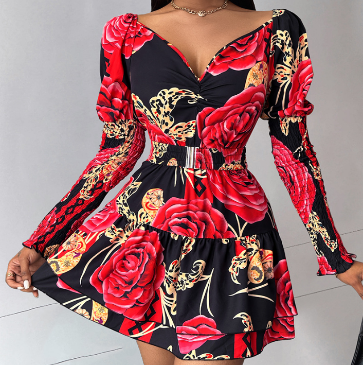 Flower Printed V-Neck Bubble Sleeve Dress