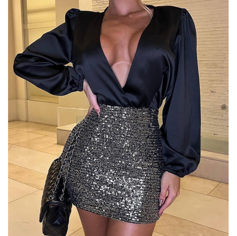 Temperament V-Neck Spliced Beaded Dress