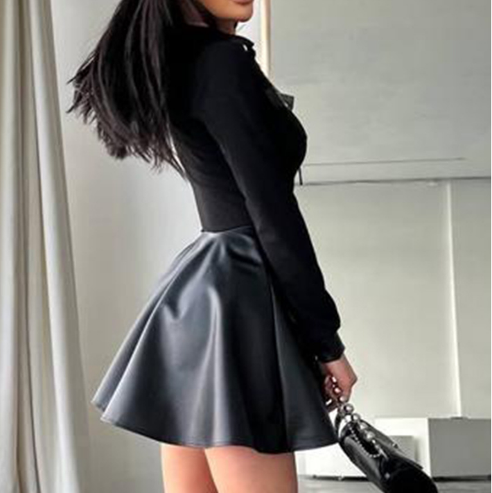 Black Zippered Pocket Patchwork Long Sleeved Dress