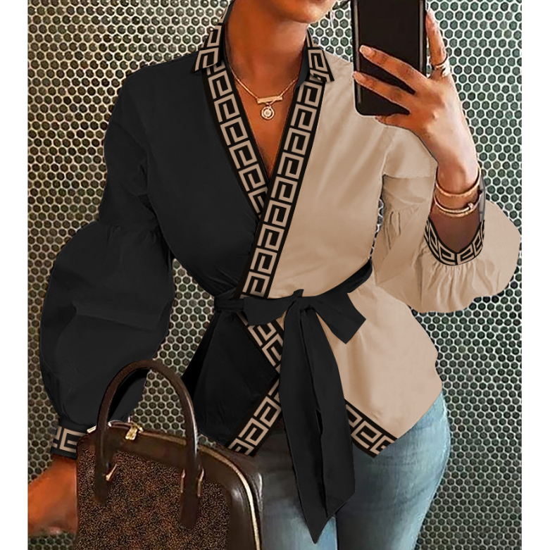 Temperament Pattern Printed Color Contrast Long Sleeved Top