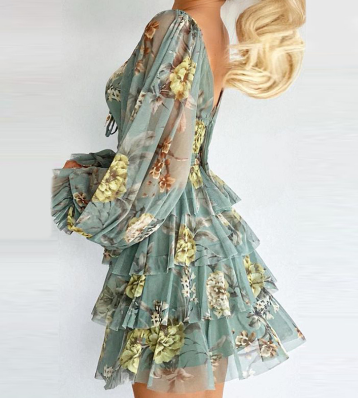 Blue Floral Print Casual Long Sleeve Dress