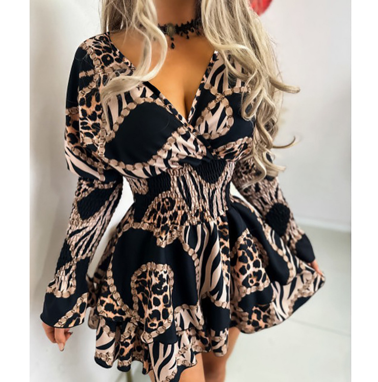 Long Sleeved V-Neck Chain Print Ruffled Dress