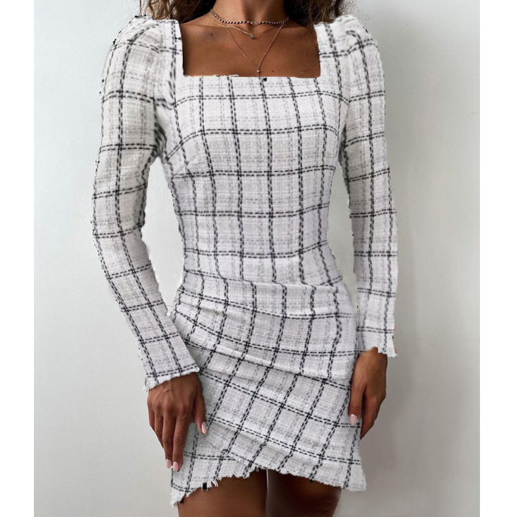 Women'S Long Sleeved Plaid Hip Wrap Dress
