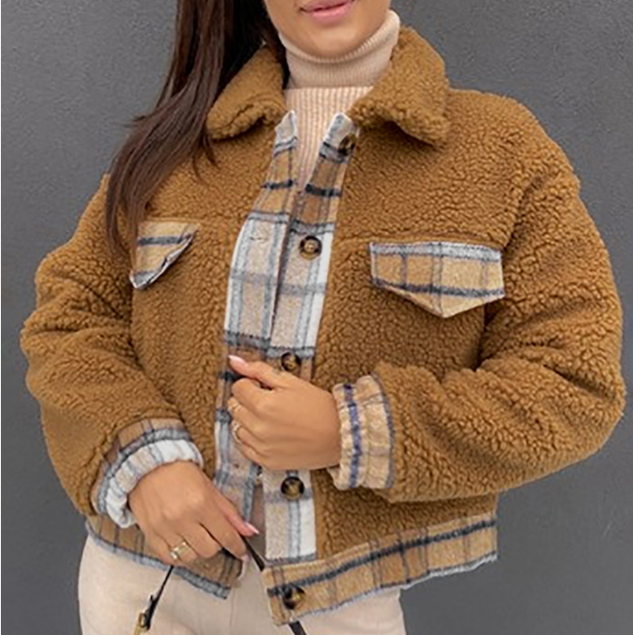 Temperament Plaid Splicing Long Sleeved Jacket