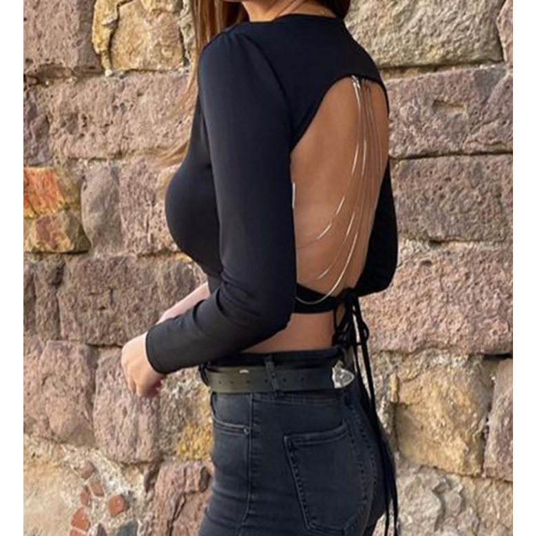 Temperament Chain Open Back Long Sleeve Top