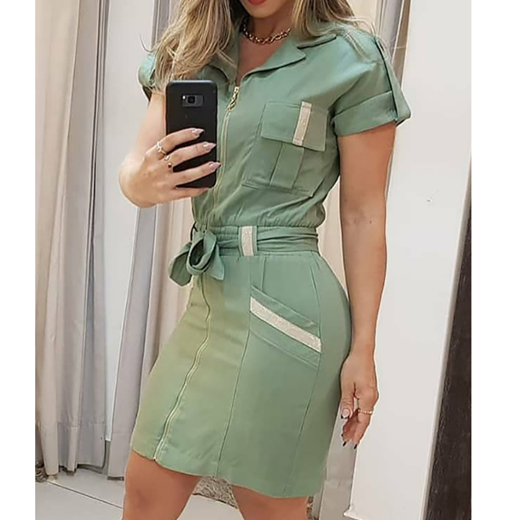 Sweet Green Short Sleeve Zipper Dress