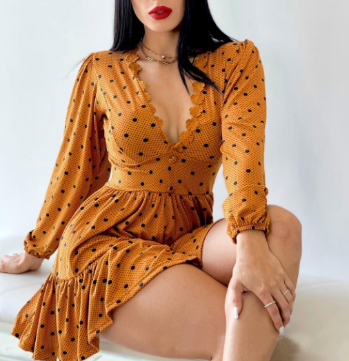 Fashion Elegant Deep V-Neck Long Sleeved Dress