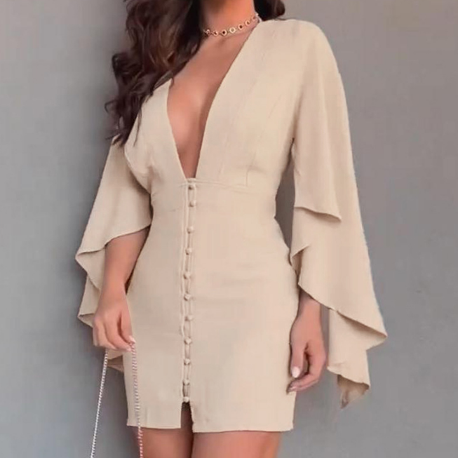 Deep V-Neck Long Sleeved Backless Dress