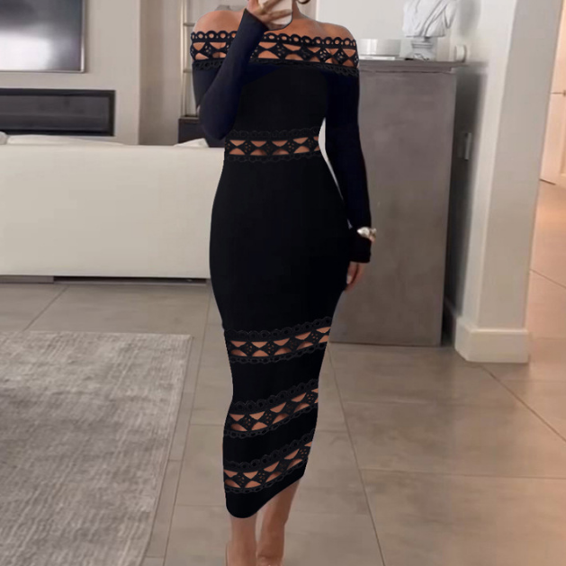 Temperament Off Shoulder Black Long Sleeve Dress
