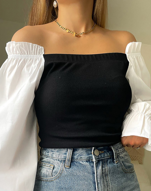 Long Sleeve Black Splicing A Single Collar Casual Top