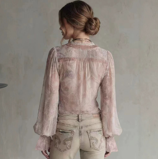 V-Neck Design Twisted Long Sleeved Lace Top
