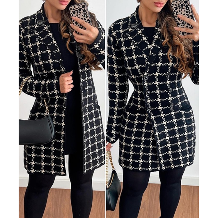 Leisure Long Sleeved Plaid Printed Double Breasted Jacket