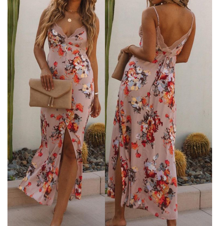 V-Neck Floral Sexy Lace Sling Split Sleeveless Dress