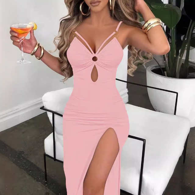 Solid Color Sling Tight Slit Sleeveless Dress