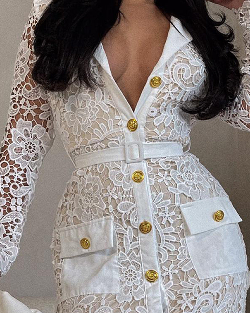 Long Sleeved Lace Women Button Up Dress