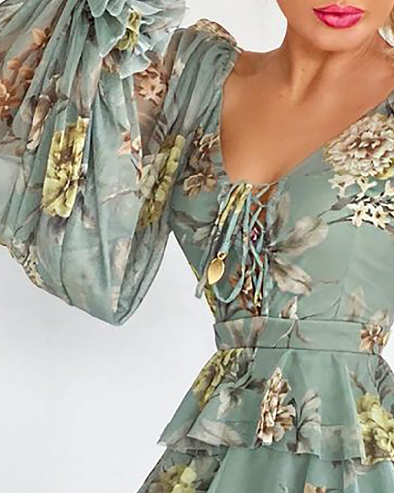 Blue Floral Print Casual Long Sleeve Dress