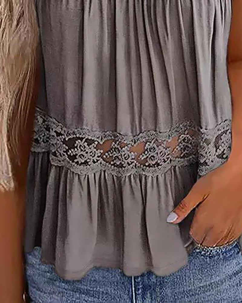 Lace Stitching Ruffled Round Neck Tank Top Shirt