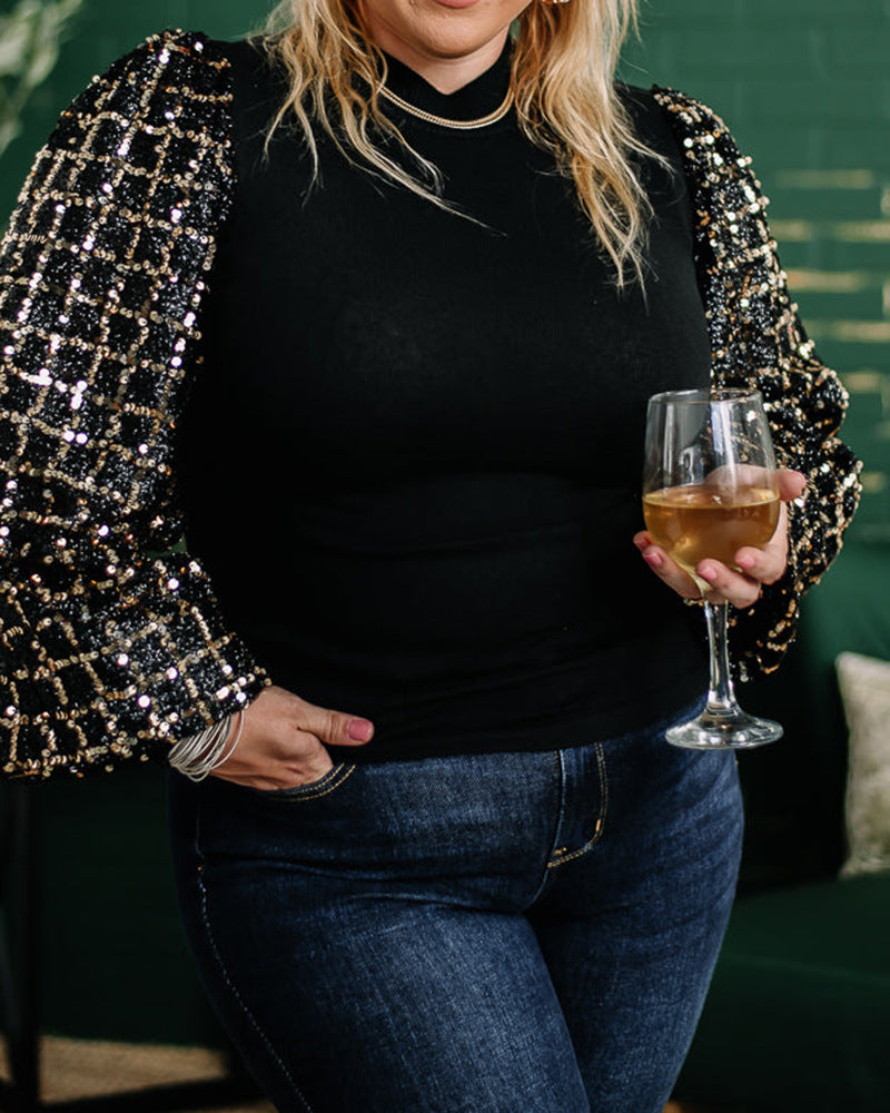 Checkered Sequins Splicing Long Sleeve Sweater