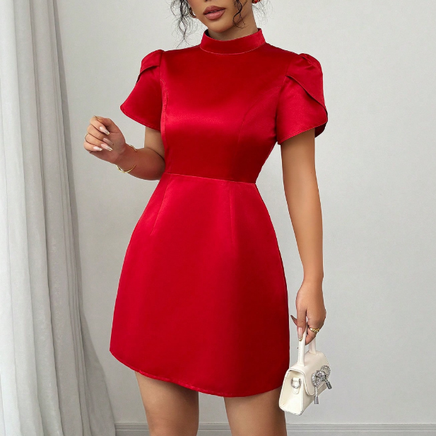 Women'S Temperament Bow Short Sleeved High Waisted Dress