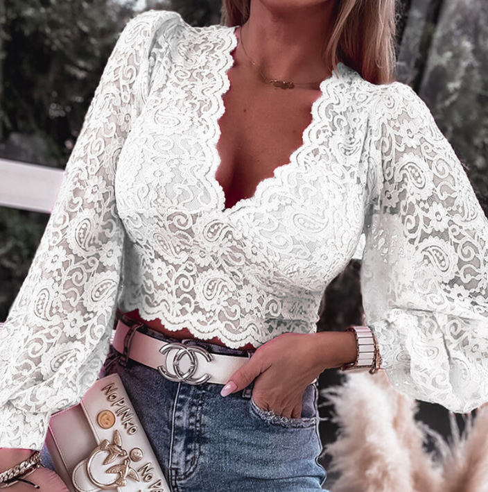 Fashion Casual Solid Color Lace Long Sleeve Top