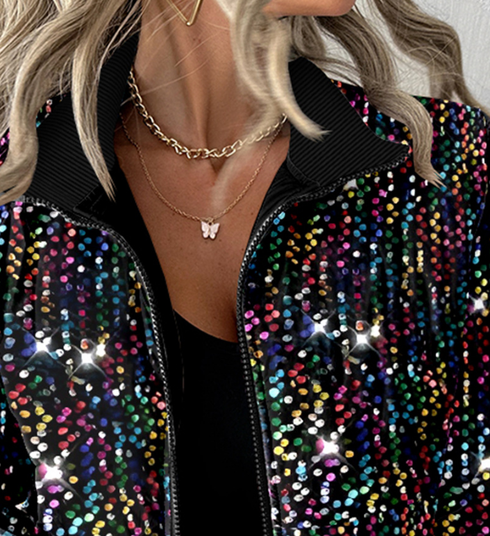 Fashion Cardigan Colored Sequin Long Sleeved Jacket