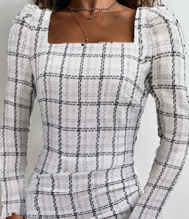 Women'S Long Sleeved Plaid Hip Wrap Dress