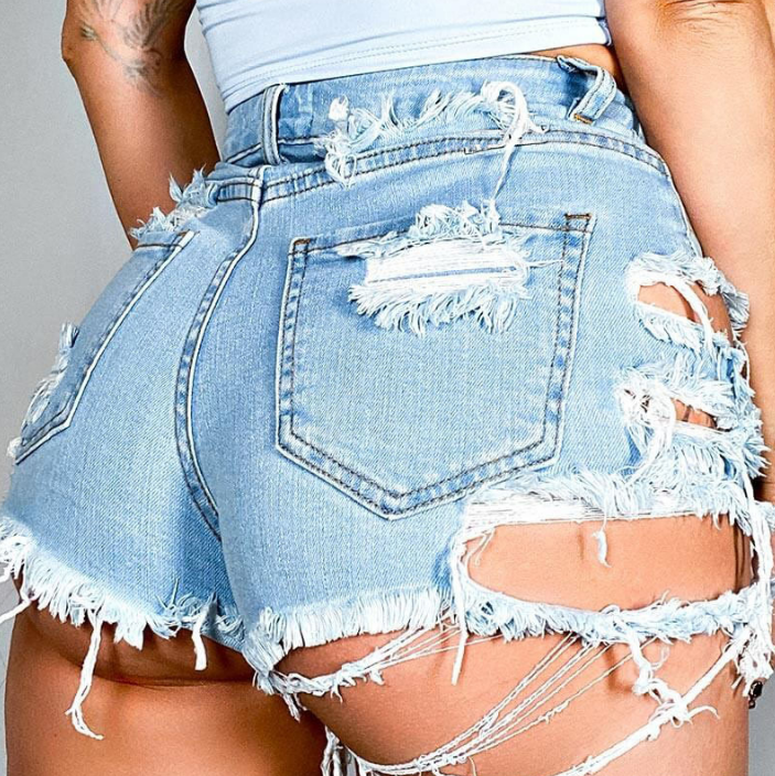Irregular Perforated Stretch Denim Shorts