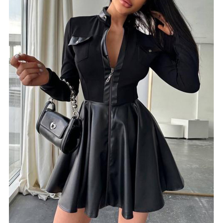 Black Zippered Pocket Patchwork Long Sleeved Dress
