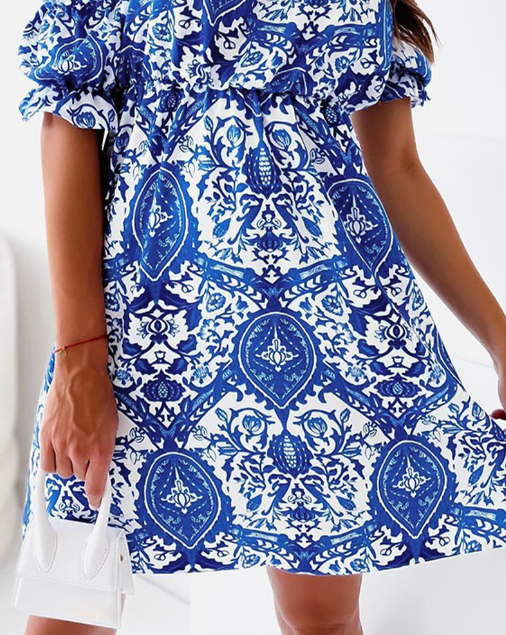 Blue Printed Casual Short Sleeve Dress