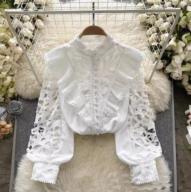 Elegant And Sweet Ruffled Bubble Sleeves Slim Shirt