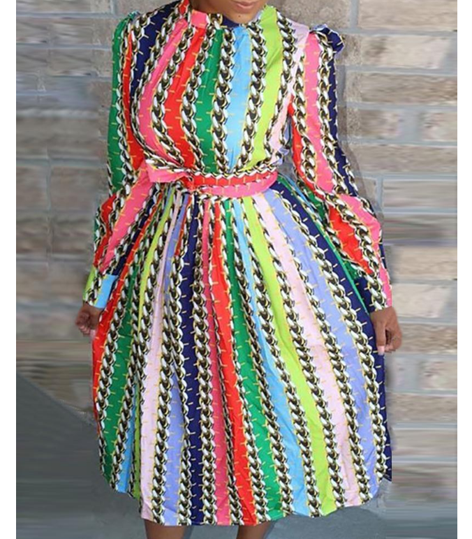 Women'S Striped Printed Long Sleeved Dress