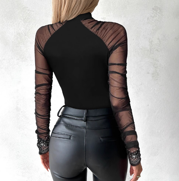 Mesh Splicing Hot Diamond Long Sleeved Jumpsuit Tops