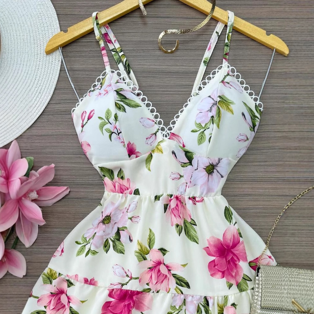 Flower Print Sleeveless Splicing V-Neck Dress