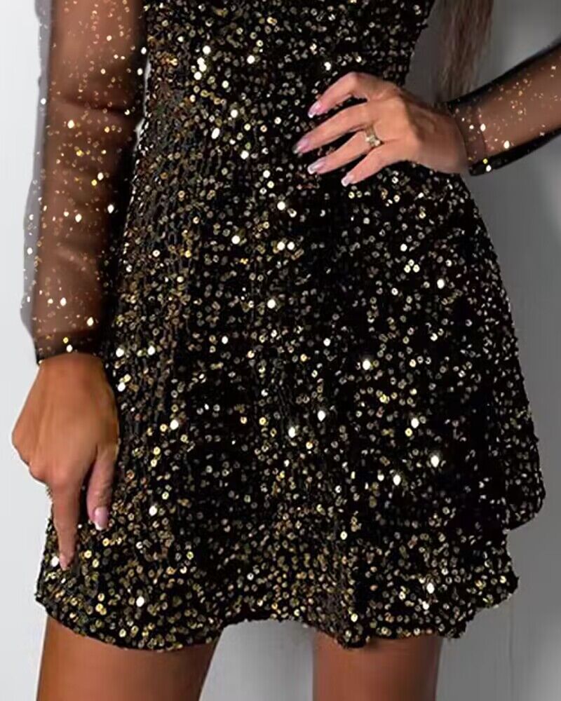 Sexy V-Neck Sequin Long Sleeved Dress