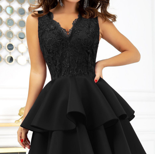 Solid Color Mesh Spliced One Shoulder High Waist Dress