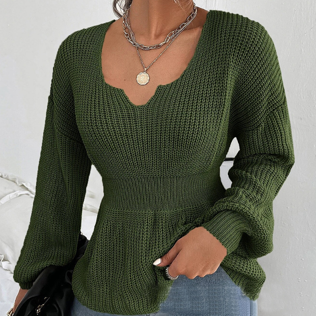 Fashion V-Neck Solid Color Long Sleeved Ruffled Sweater