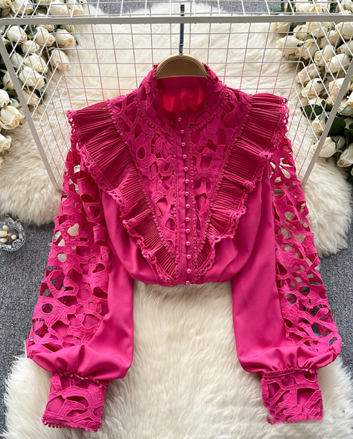 Elegant And Sweet Ruffled Bubble Sleeves Slim Shirt
