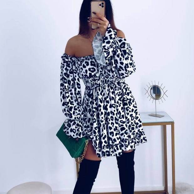One Shoulder Leopard Print Long Sleeve Dress