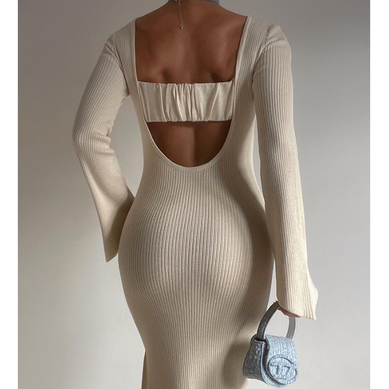 Solid Color Backless Knitted Long Sleeved Dress