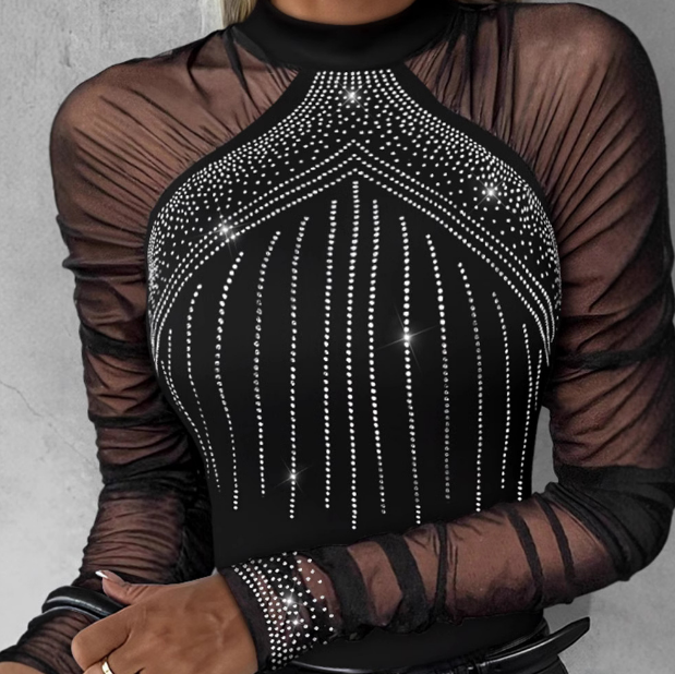 Mesh Splicing Hot Diamond Long Sleeved Jumpsuit Tops