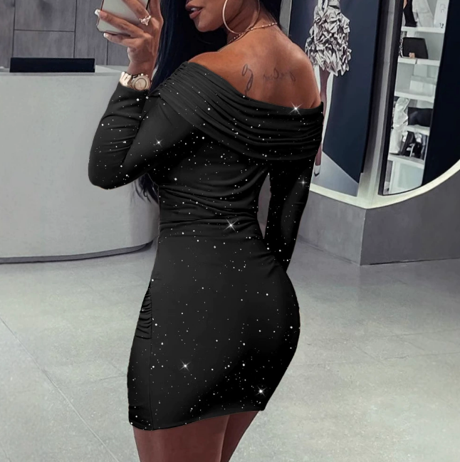 One Shoulder Tight Fitting Long Sleeves Wrap The Buttocks Dress