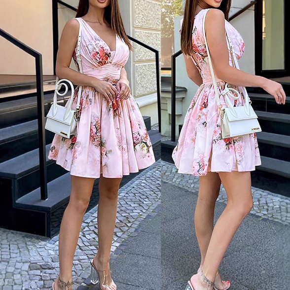 Elegant Women'S Pink Floral Sleeveless Dress