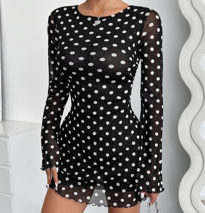 Elegant Printed Round Neck Backless Long Sleeved Dress