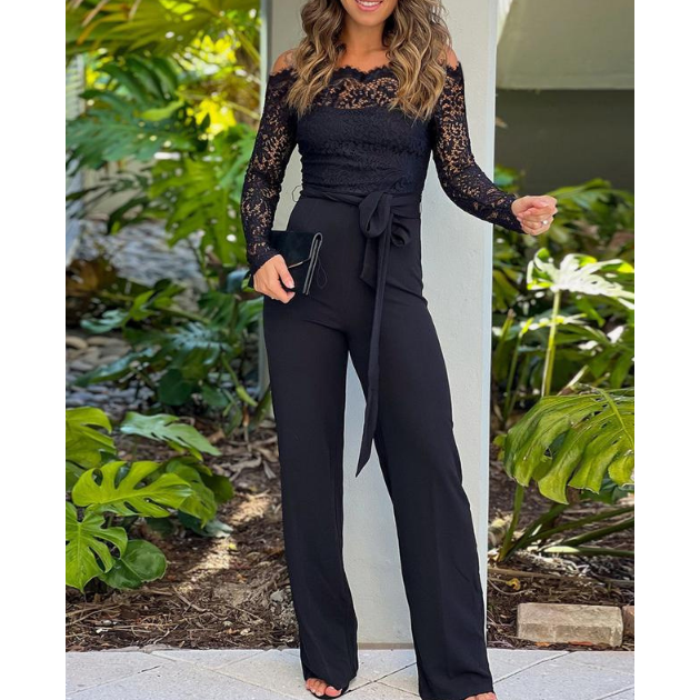 Women'S Black Lace One Shoulder Long Sleeved Tight Jumpsuit