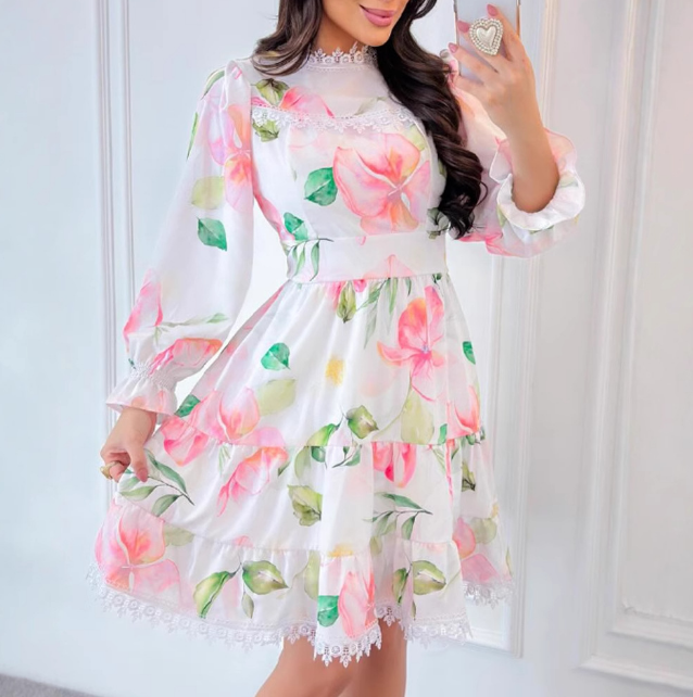 Casual Lace Patchwork Floral Print Flared Sleeve Dress