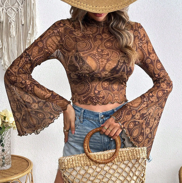 Women'S Mesh Printed Round Neck Flared Sleeve Long Sleeved T-Shirt