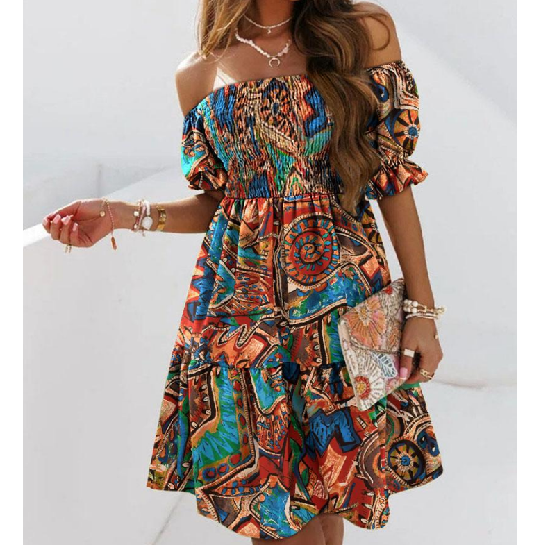 Off Shoulder Fashion Sexy Short Sleeve Printed Dress