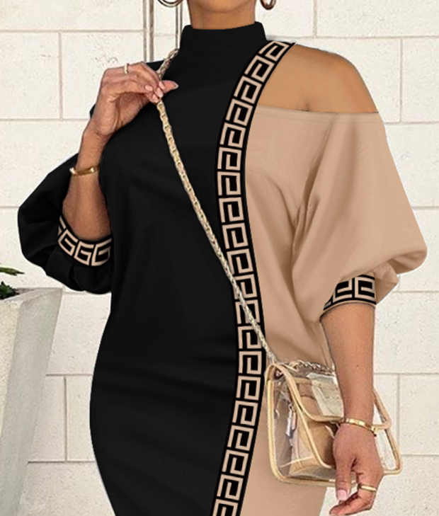 Retro Long Sleeve Contrast Off Shoulder Dress
