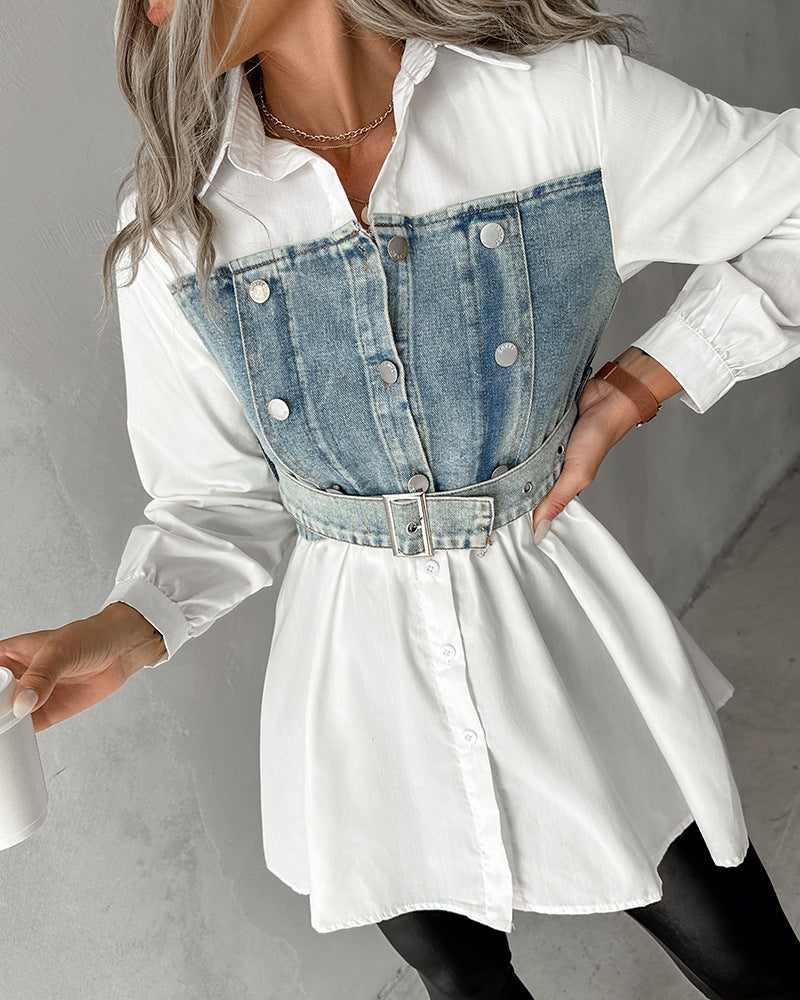 Women'S Denim Patchwork Shirt Top