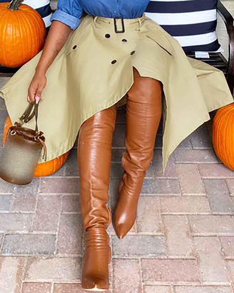 Solid Color Khaki Irregular Skirt